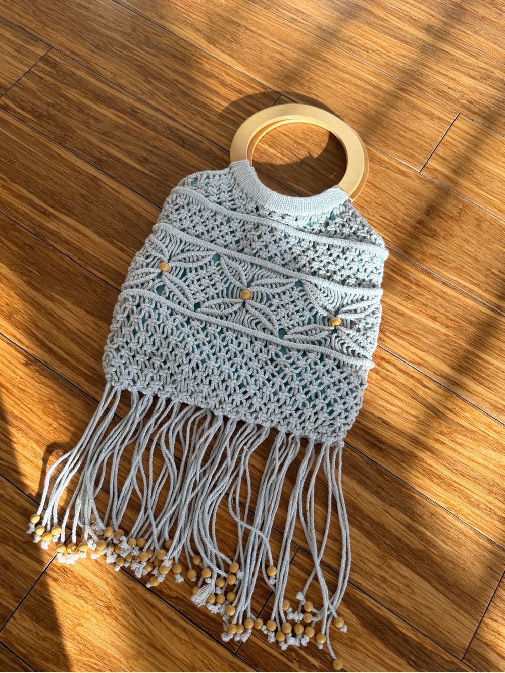 Boho Crochet Fringe Handbag with Wooden Handles